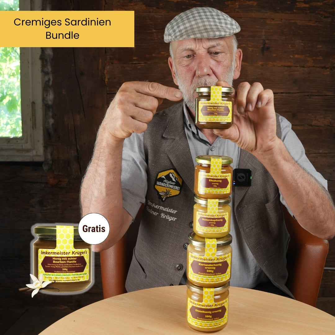 Cremiges Sardinien-Bundle mit Natternkopfhonig cremig 250g, Korianderhonig cremig 500g, Distelhonig cremig 500g und GRATIS Honig mit echter Bourbon-Vanille 250g von der Allgäuer Wanderimkerei mit Imkermeister Rainer Krüger, nur für kurze Zeit