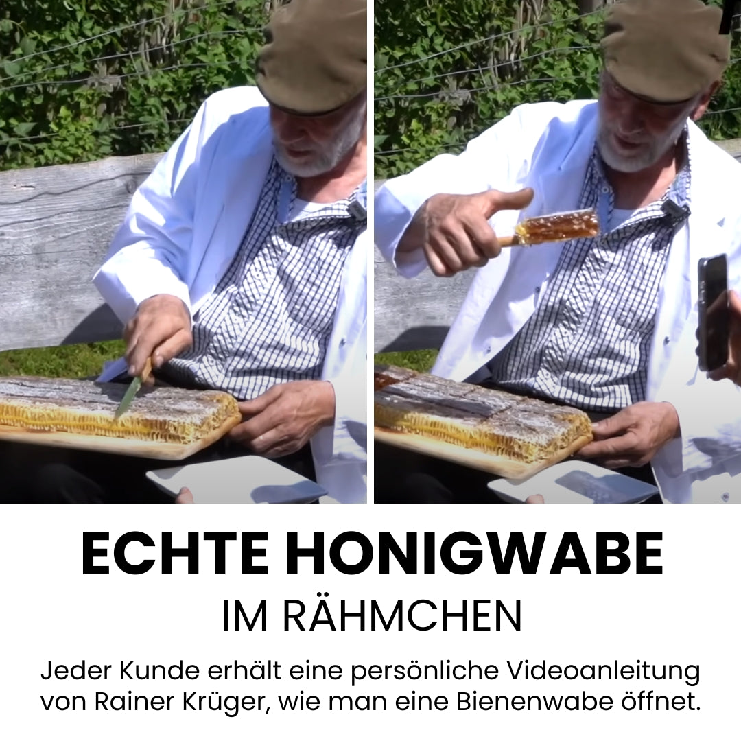 Deutsche Honigwabe 2 kg, Limitierte Edition 2026 Ernte von der Allgäuer Wanderimkerei, wie öffnet man eine Honigwabe Videoanleitung