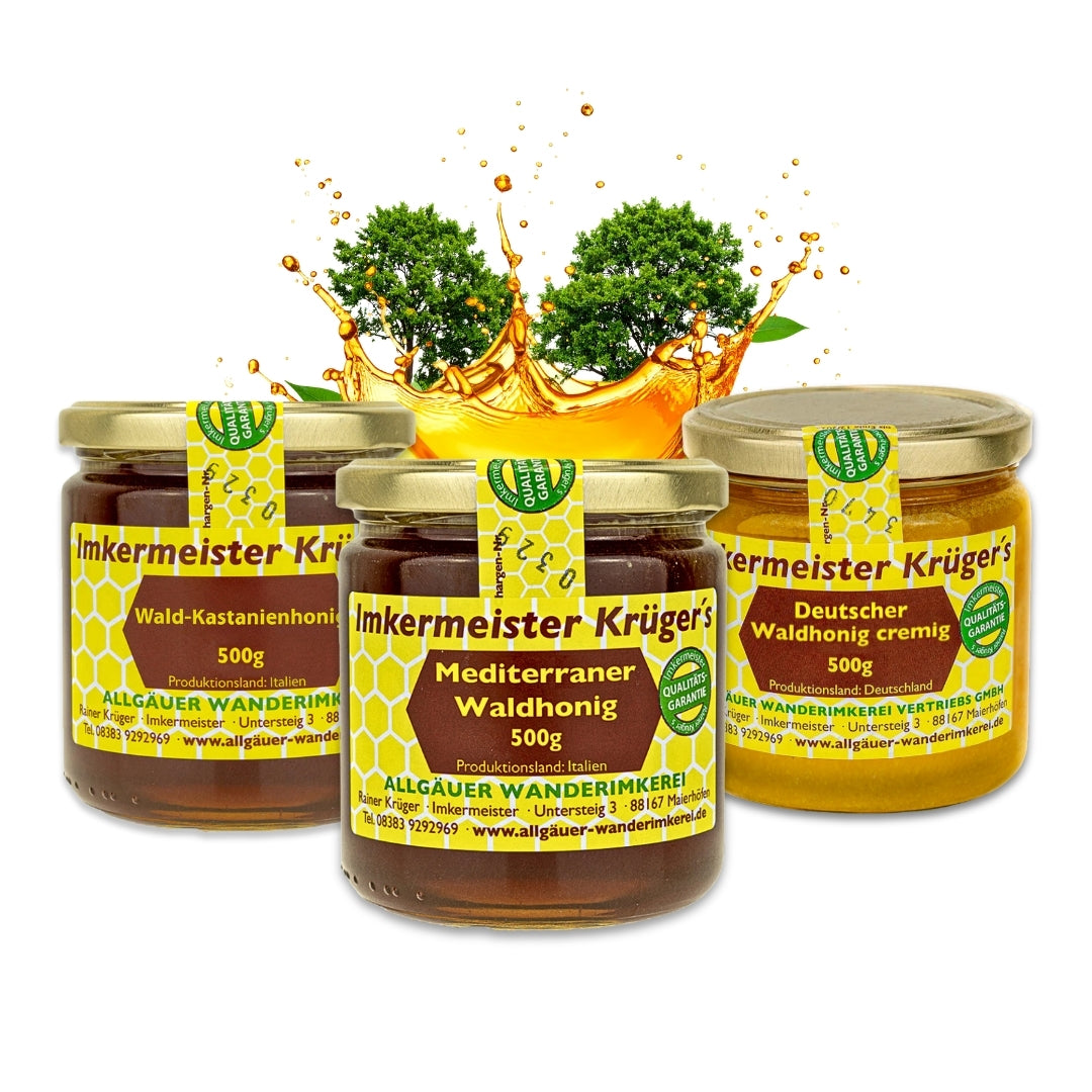 Seltenes Waldhonig-Bundle mit Wald-Kastanienhonig (500g), Mediterraner Waldhonig (500g), Deutscher Waldhonig cremig (500g)