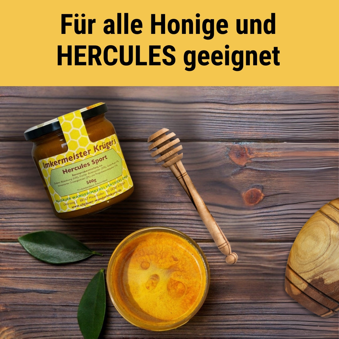 Honigtopf mit Deckel und Honiglöffel aus echtem Olivenholz von der Allgäuer Wanderimkerei