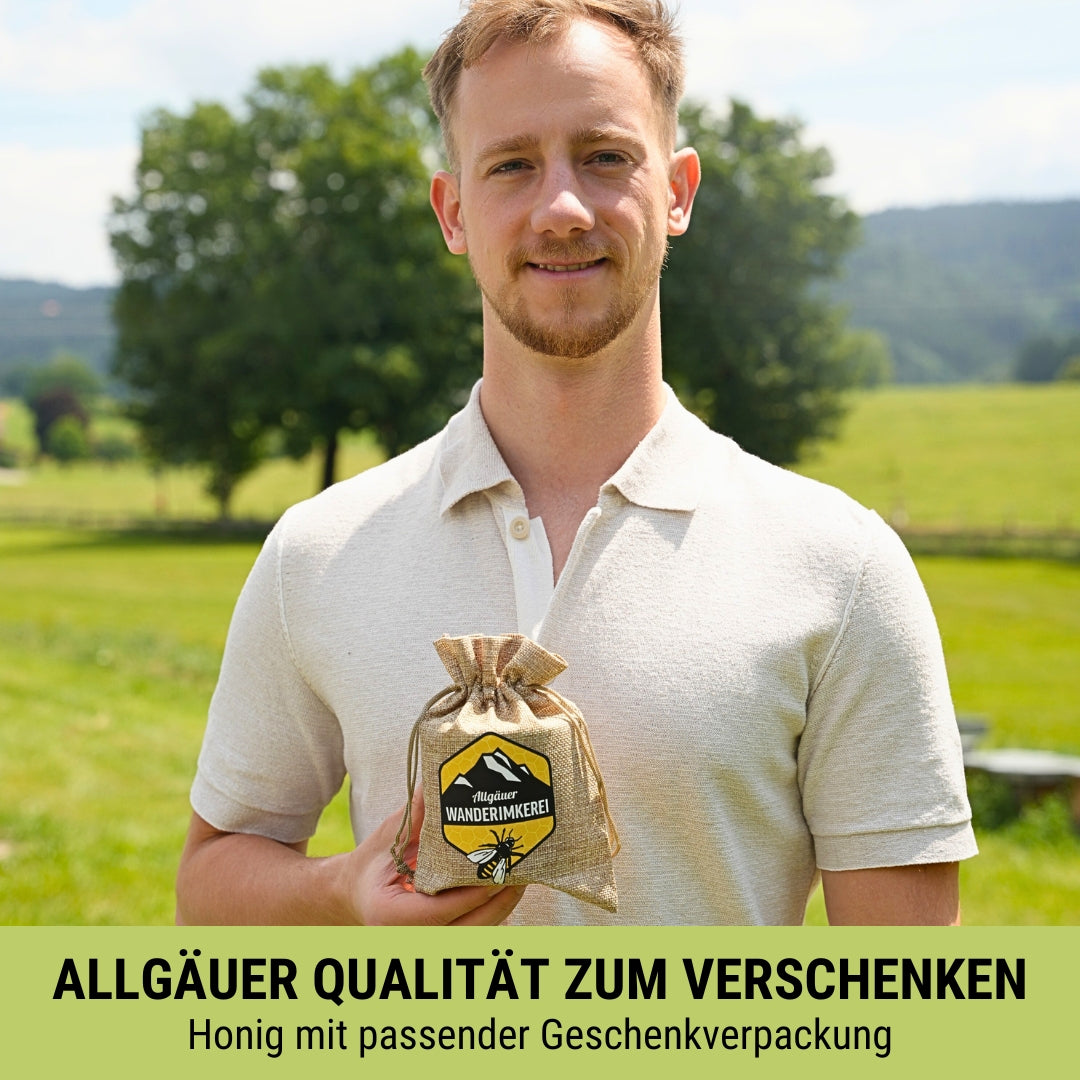 Honig mit passender Geschenkverpackung: Geschenksäckchen von der Allgäuer Wanderimkerei
