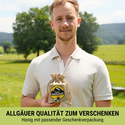 Honig mit passender Geschenkverpackung: Geschenksäckchen von der Allgäuer Wanderimkerei