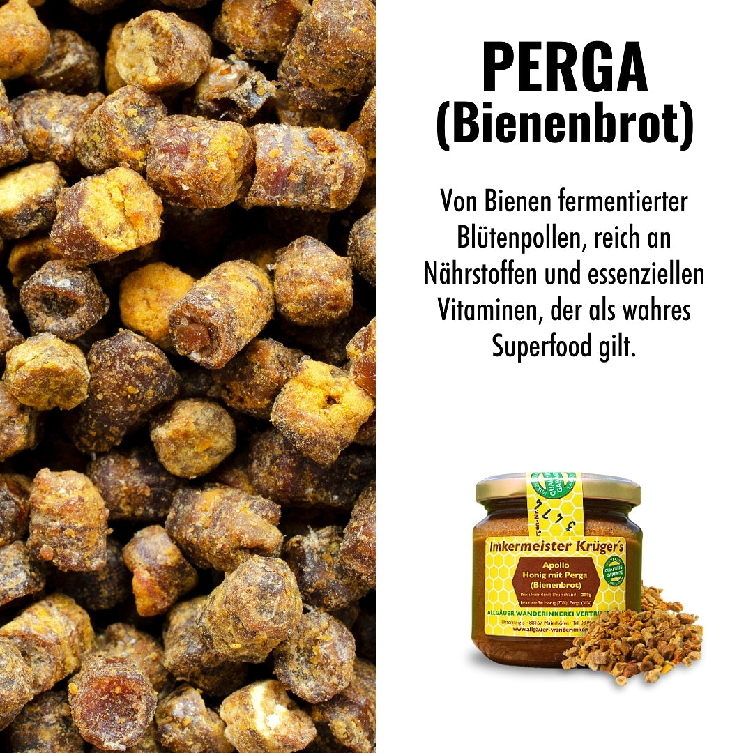 Apollo Honig 250g von der Allgäuer Wanderimkerei mit Perga (Bienenbrot), von Bienen fermentierter Blütenpollen