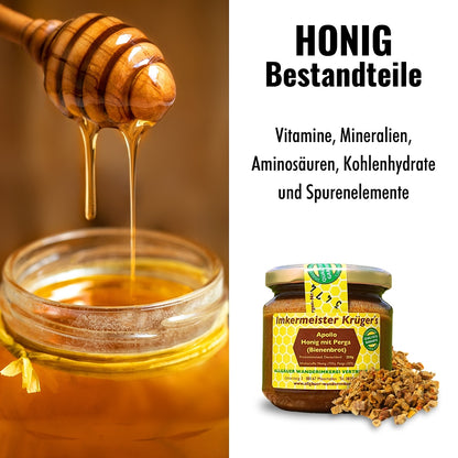 Apollo Honig mit Perga (Bienenbrot) 250g von der Allgäuer Wanderimkerei, Bestandteile 
