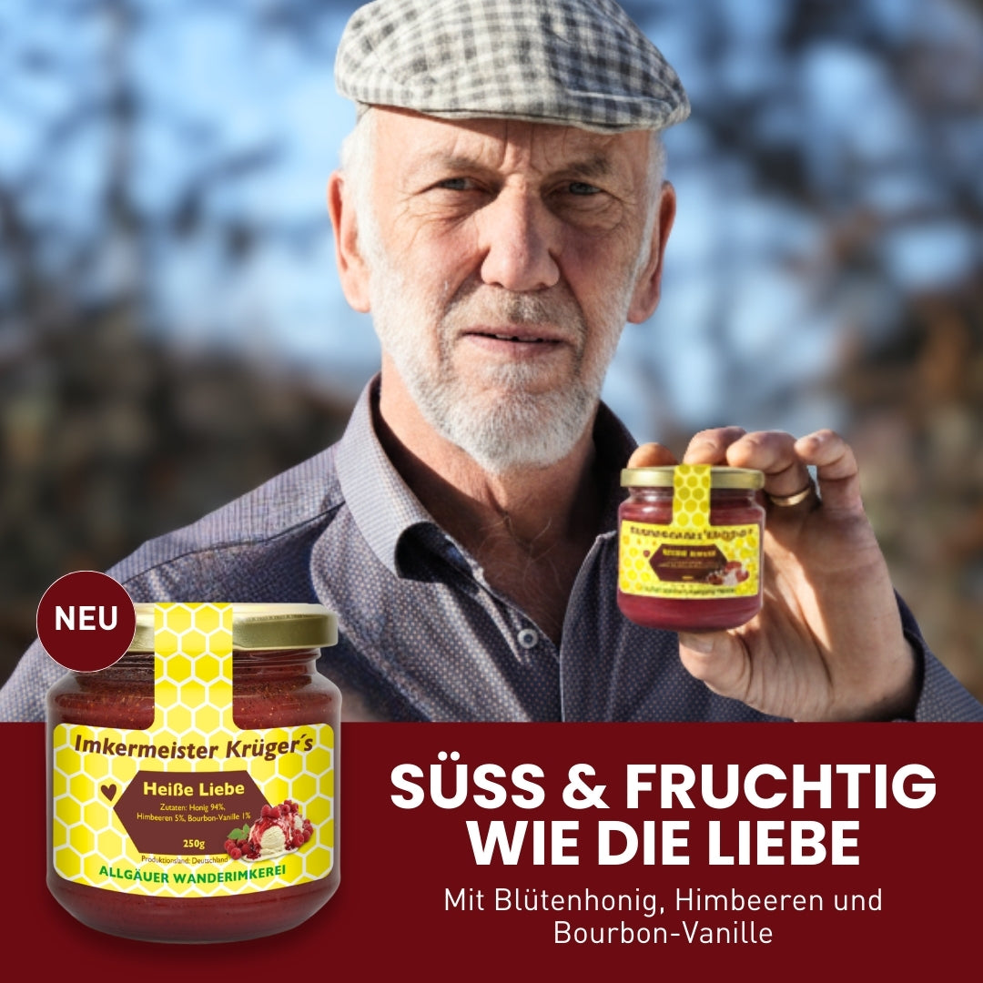 Heiße Liebe Honig mit Himbeeren und Bourbon-Vanille direkt vom Imker, 250g, Allgäuer Wanderimkerei