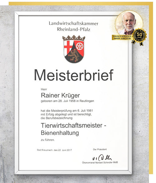 Meisterbrief Rainer Krüger, Imker bei der Allgäuer Wanderimkerei
