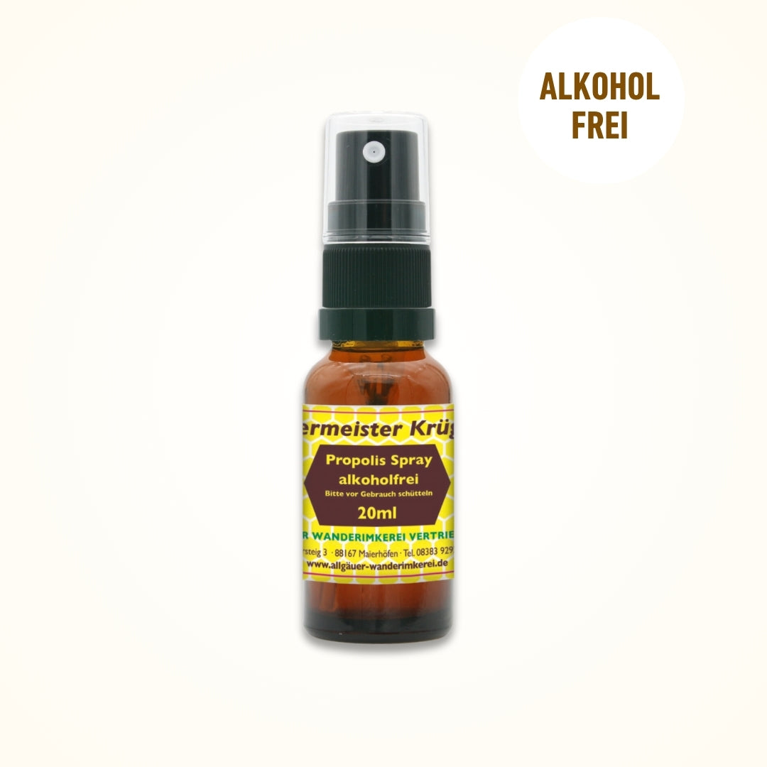 Propolis Spray alkoholfrei 20 ml mit Sprühkopf und Hinweis alkoholfrei