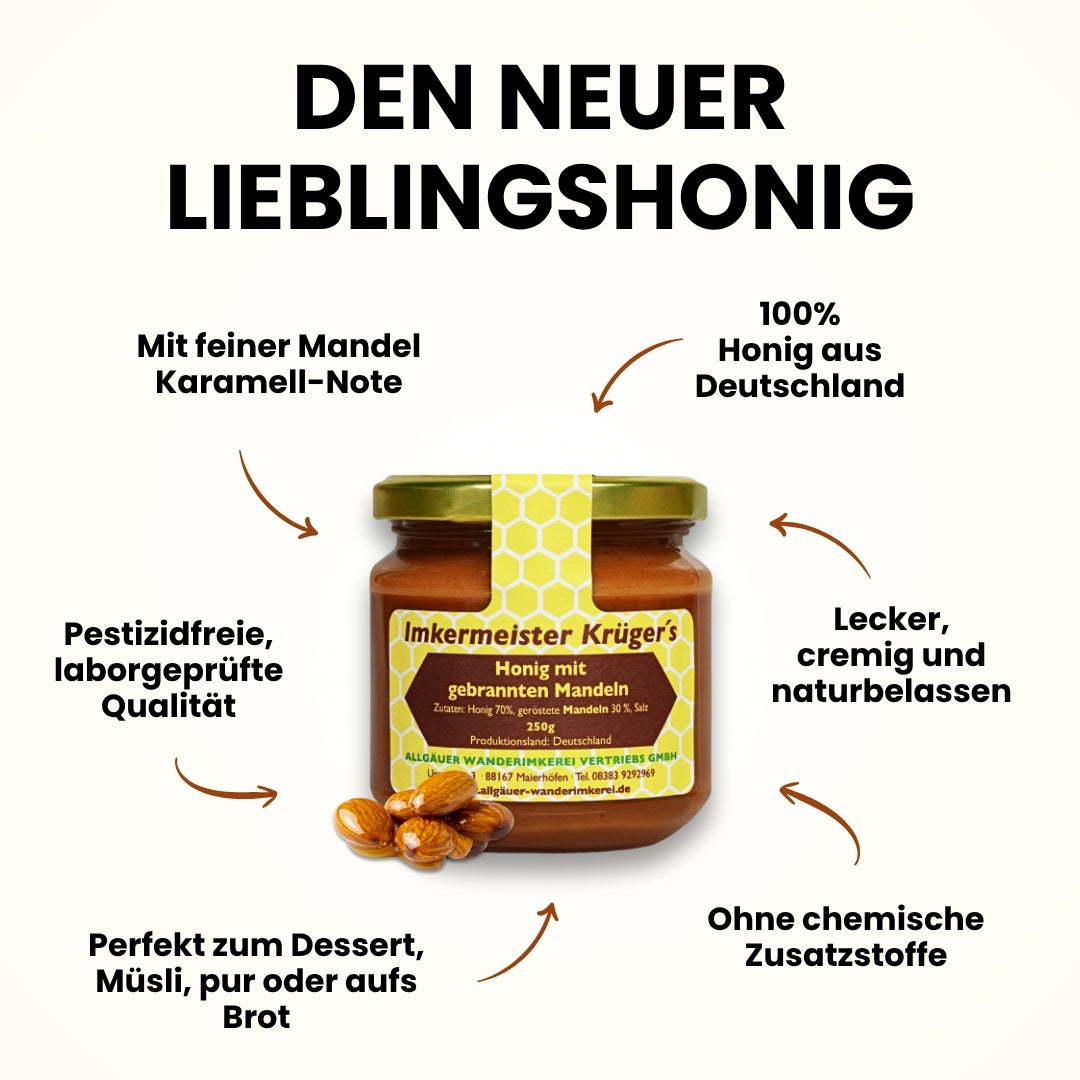 Leckerer Honig mit gebrannten Mandeln 250g von der Allgäuer Wanderimkerei