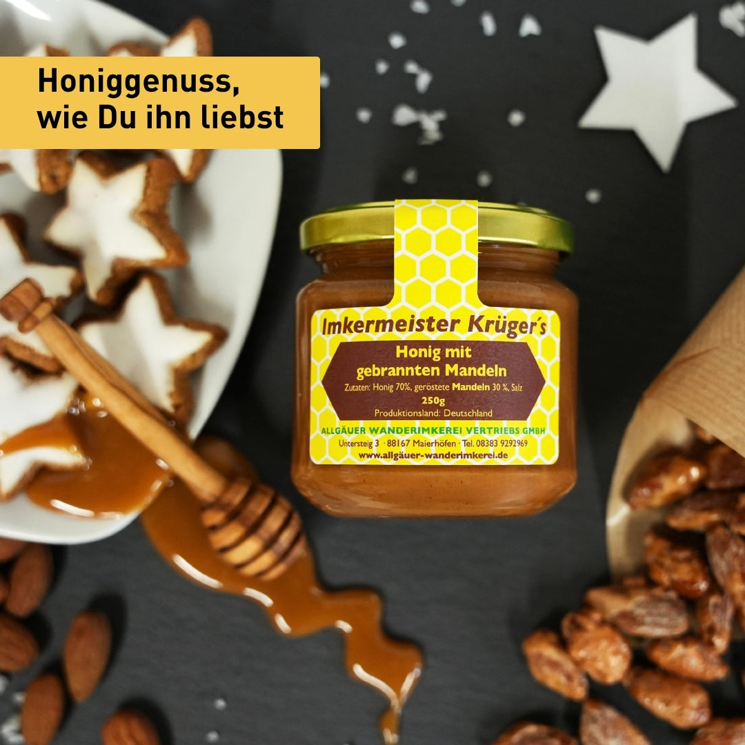 Leckerer Honig mit gebrannten Mandeln 250g von der Allgäuer Wanderimkerei