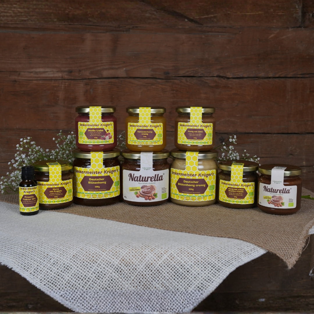 Honig direkt vom Imker, Deutscher Blütenhonig, Honig mit Zimt, Propolis-Tinktur und mehr von der Allgäuer Wanderimkerei