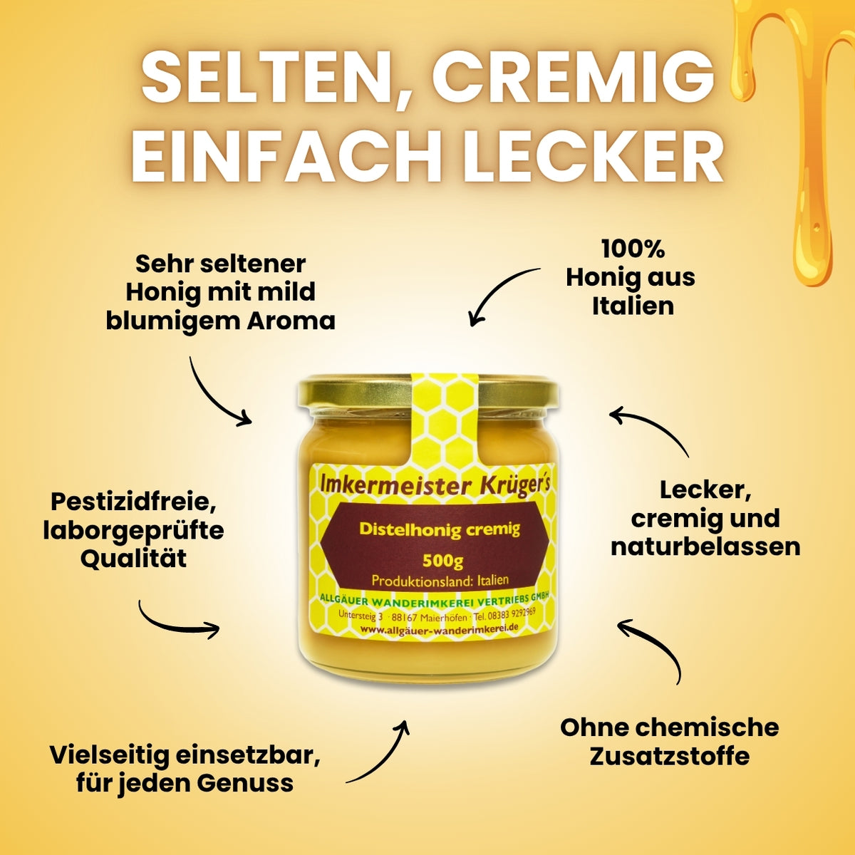 Seltener Distelhonig cremig (500g) aus Italien von der Allgäuer Wanderimkerei