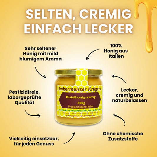 Seltener Distelhonig cremig (500g) aus Italien von der Allgäuer Wanderimkerei