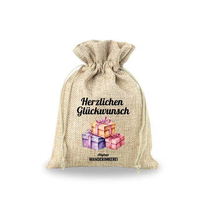 Geschenksäckchen mit „Herzlichen Glückwunsch“ von der Allgäuer Wanderimkerei