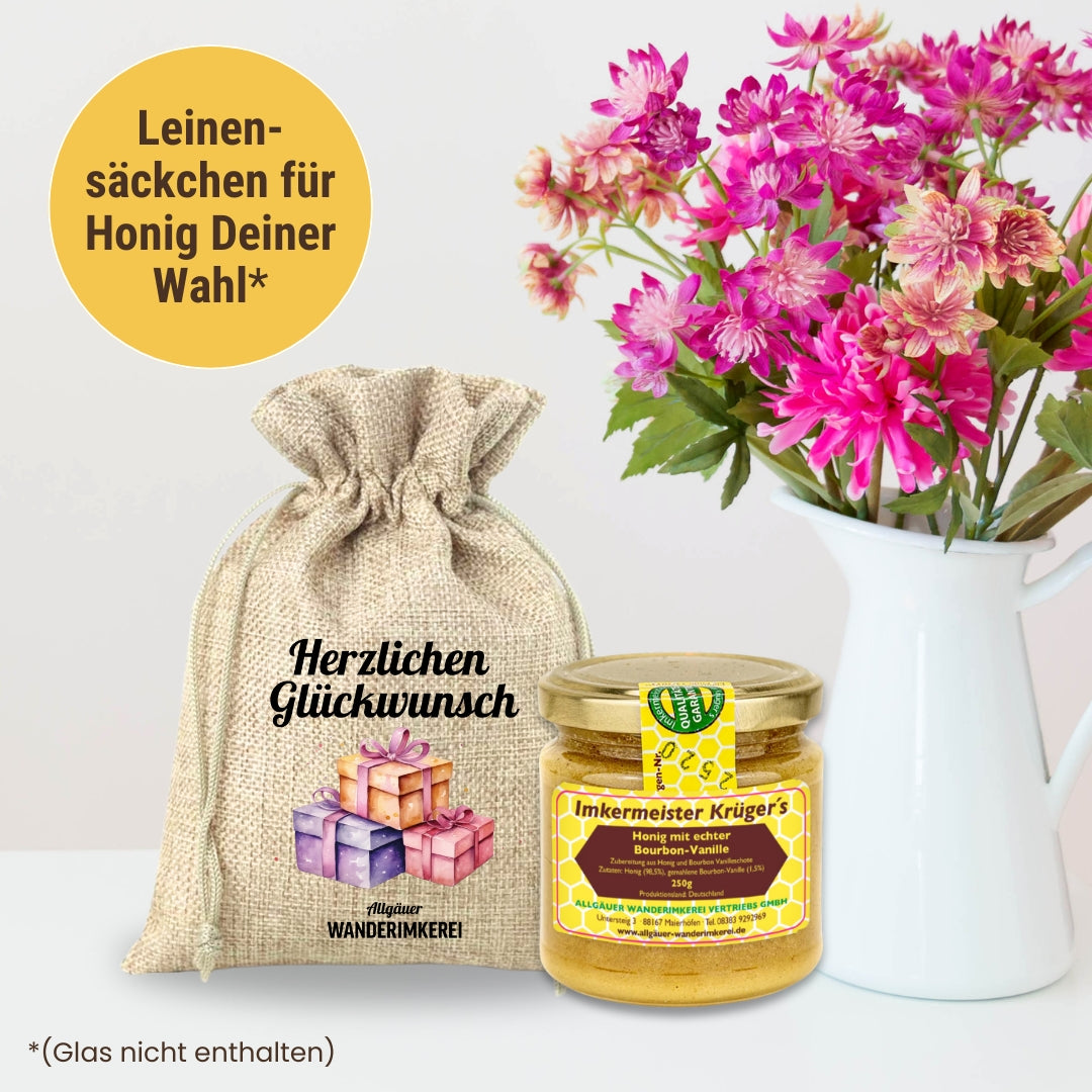 Geschenksäckchen mit „Herzlichen Glückwunsch“ von der Allgäuer Wanderimkerei