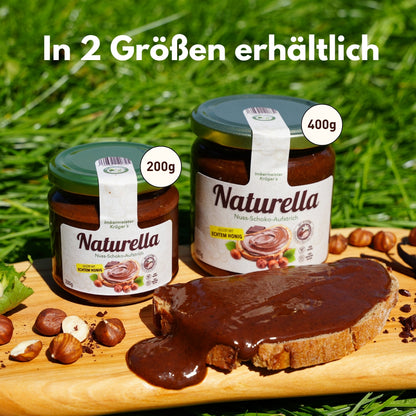 Naturella Nuss-Schoko-Aufstrich von der Allgäuer Wanderimkerei: Erhältlich in zwei Größen – 200g und 400g