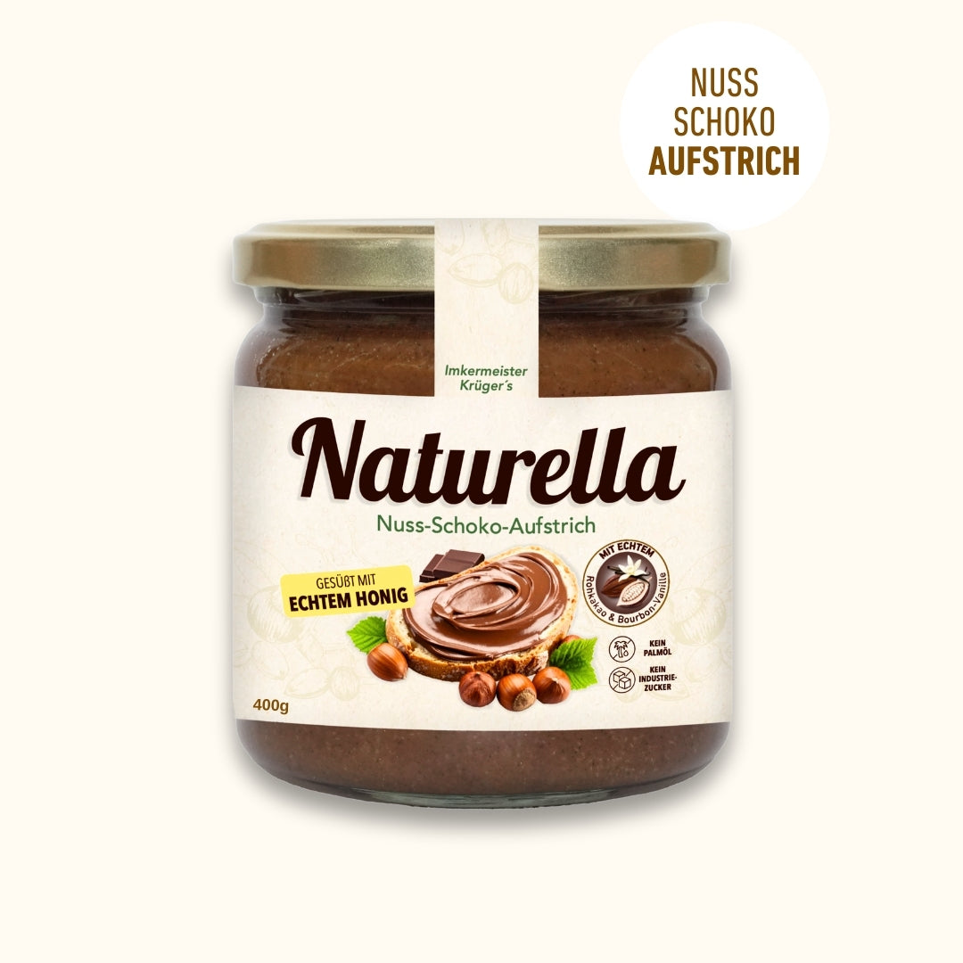 Naturella Nuss-Schoko-Aufstrich mit Imkerhonig gesüßt & echter Bourbon-Vanille verfeinert, 400g, Ohne Palmöl mit Honig gesüßt, Allgäuer Wanderimkerei