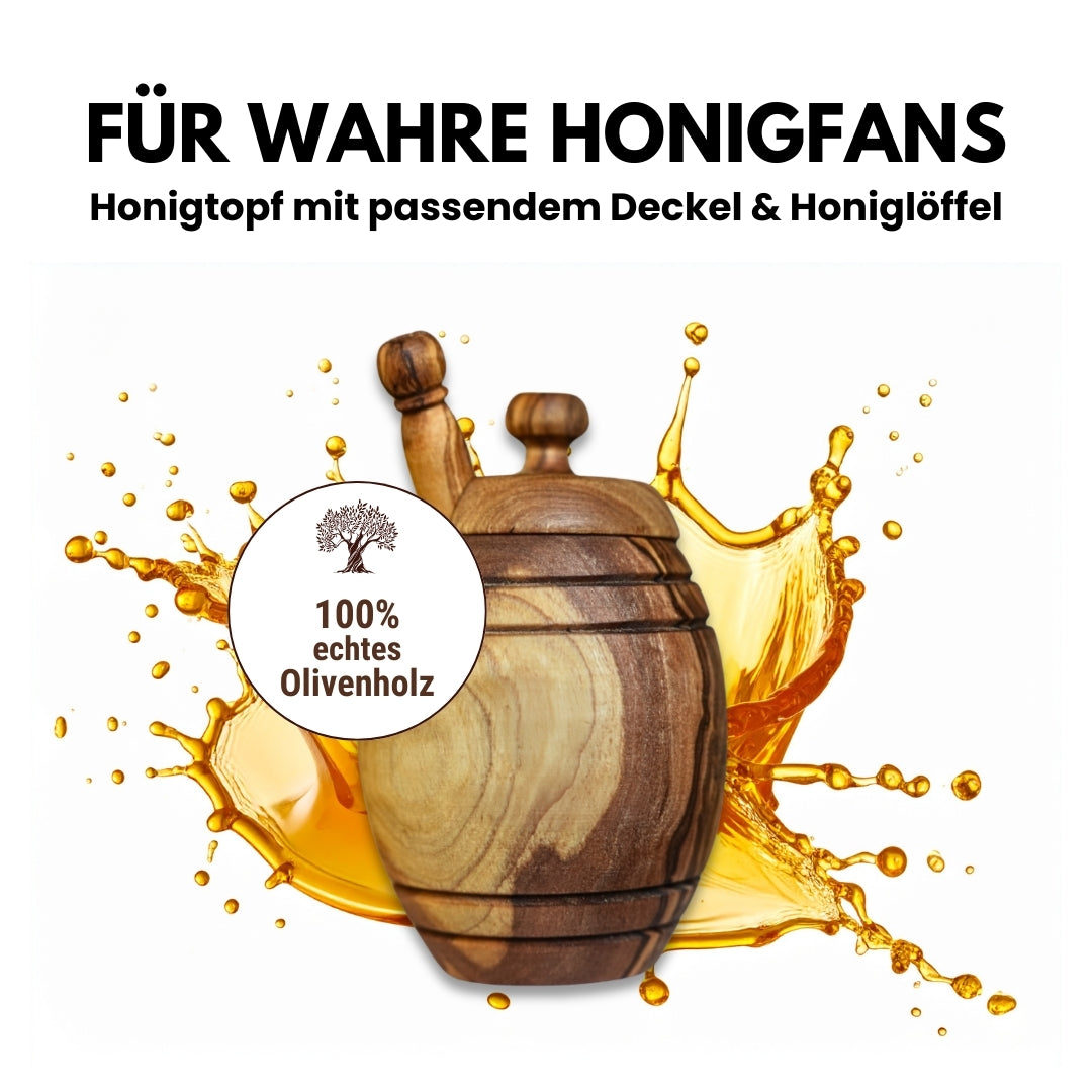 Honigtopf mit Deckel und Honiglöffel aus echtem Olivenholz von der Allgäuer Wanderimkerei