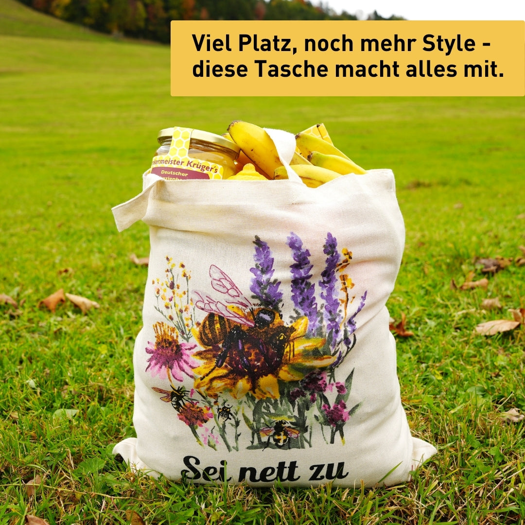 Baumwolltasche Sein nett zu Bienen von der Allgäuer Wanderimkerei