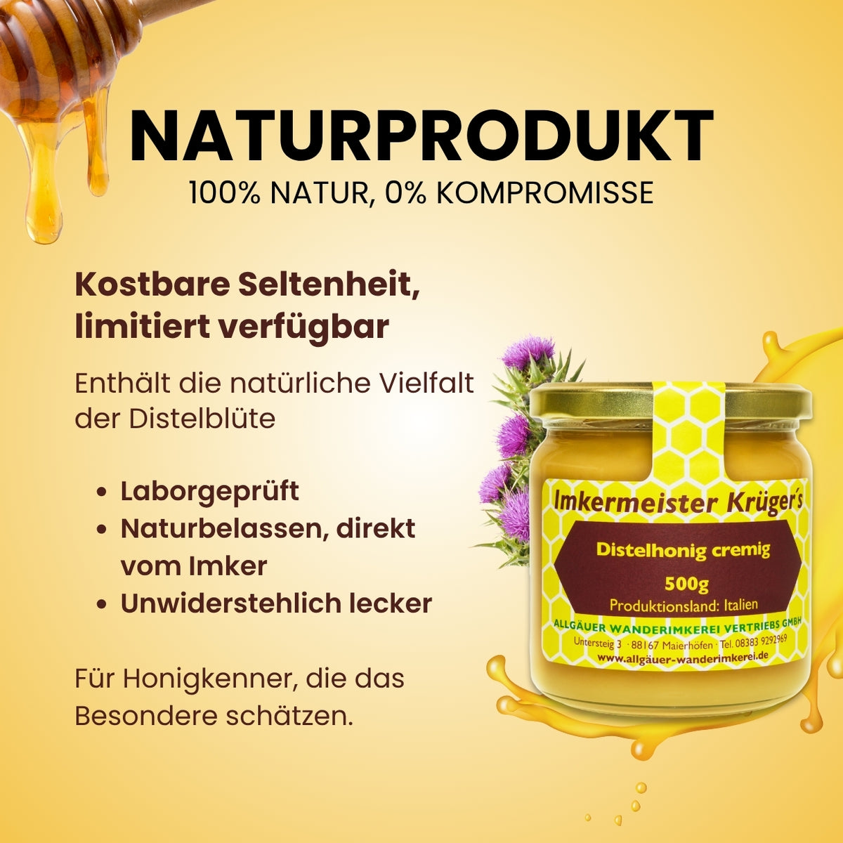 Seltener Distelhonig cremig (500g) aus Italien von der Allgäuer Wanderimkerei