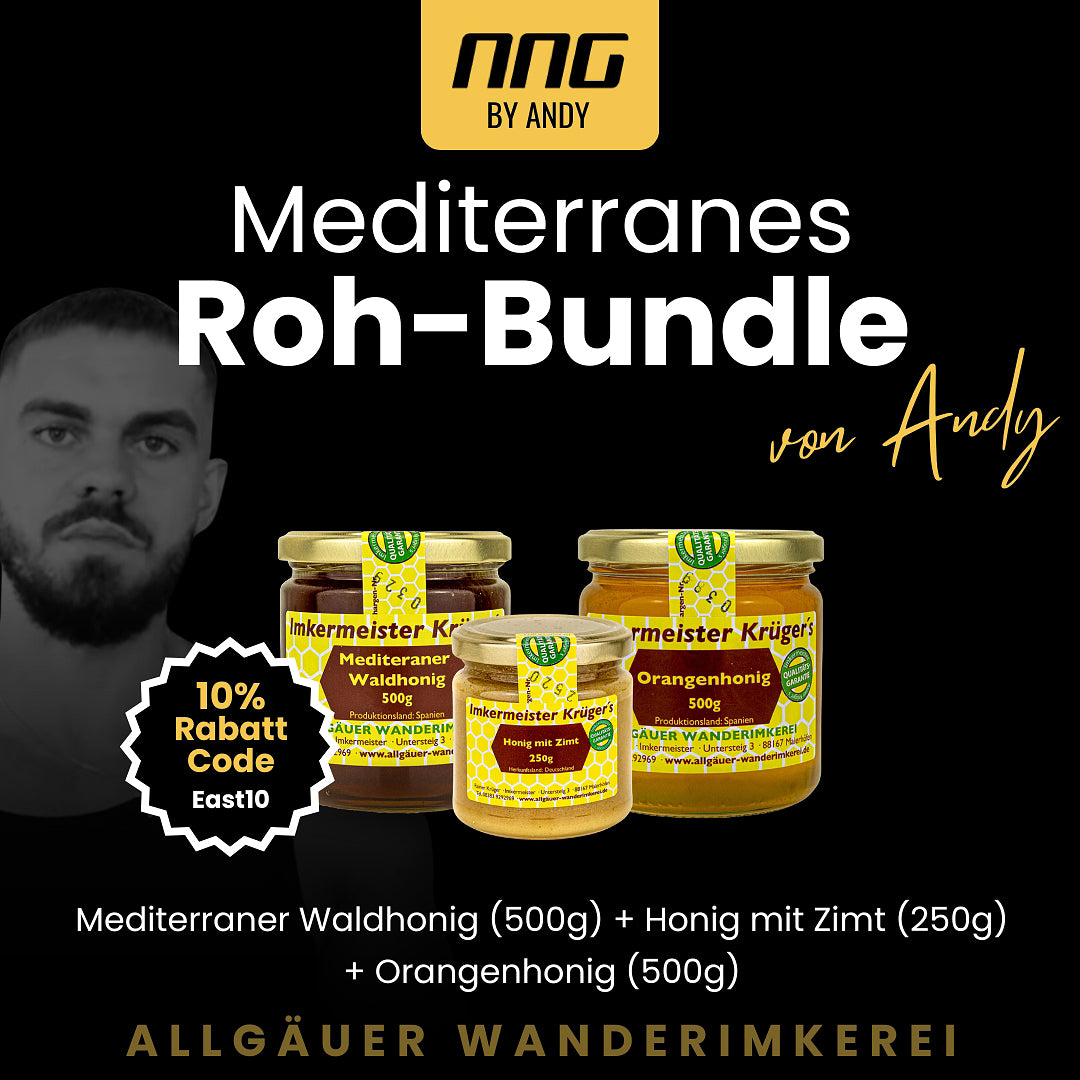 Mediterranes Roh-Bundle: Mediterraner Waldhonig 500g, Honig mit Zimt 250g, Orangenhonig 500g von der Allgäuer Wanerimkerei