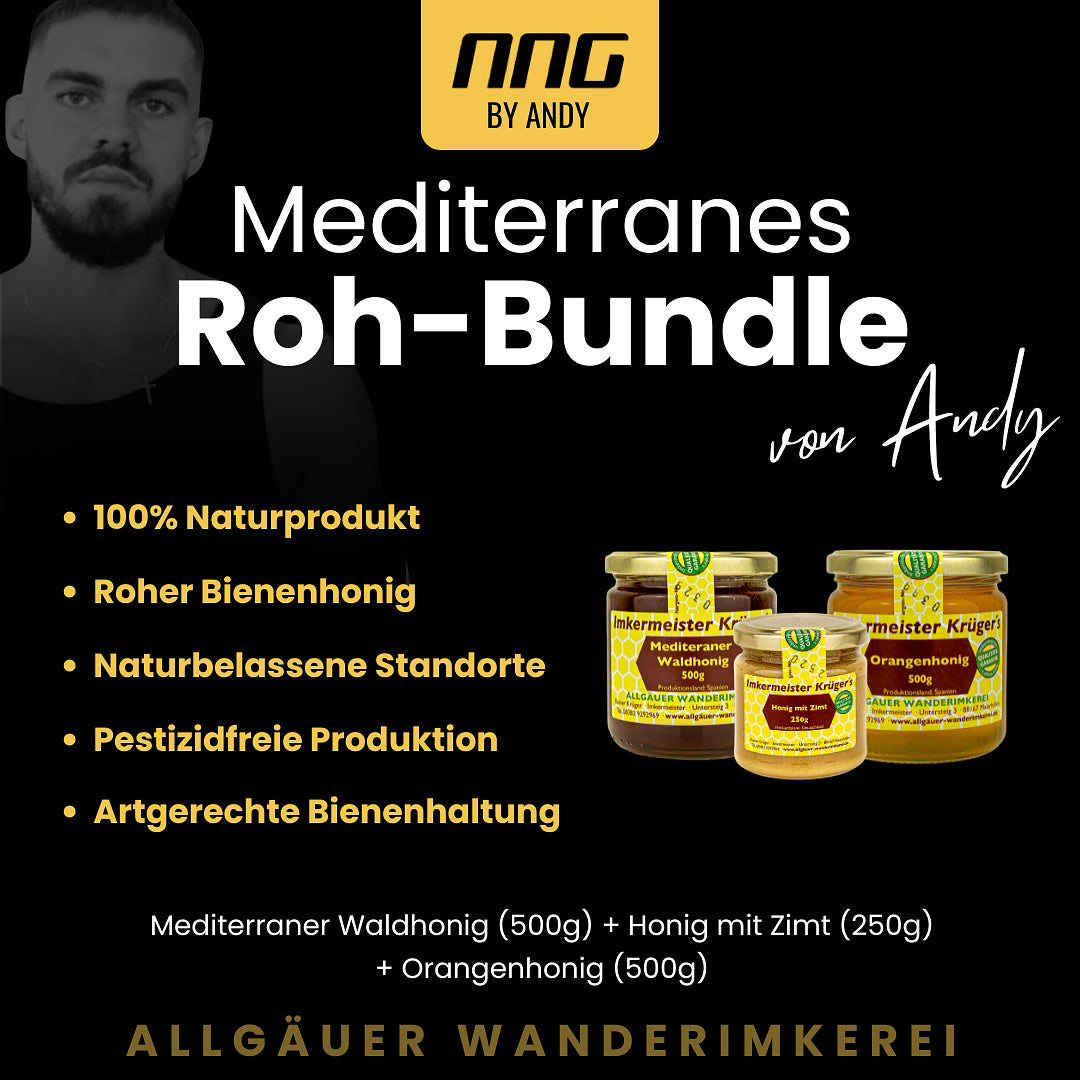 Mediterranes Roh-Bundle: Mediterraner Waldhonig 500g, Honig mit Zimt 250g, Orangenhonig 500g von der Allgäuer Wanerimkerei