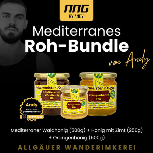 Mediterranes Roh-Bundle: Mediterraner Waldhonig 500g, Honig mit Zimt 250g, Orangenhonig 500g von der Allgäuer Wanerimkerei