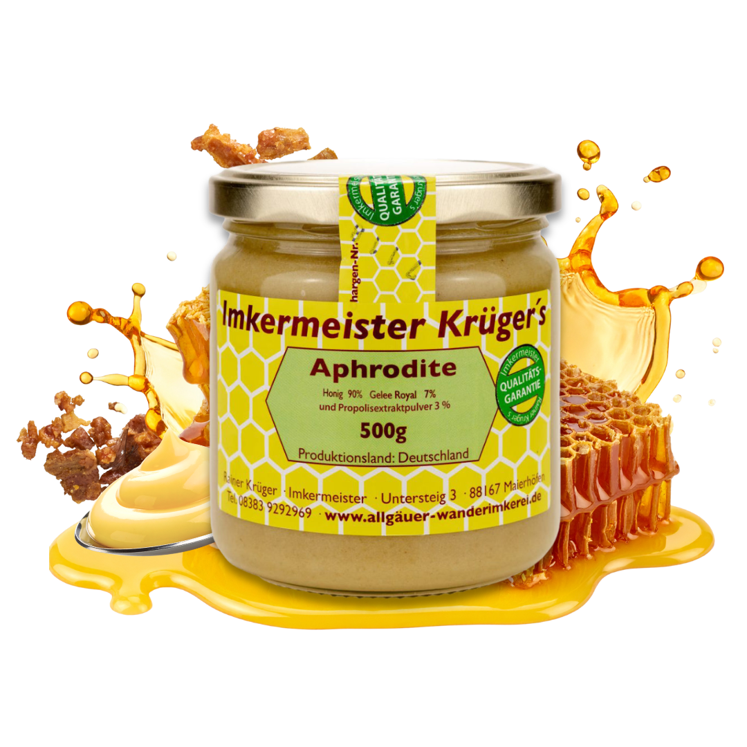 Honig Aphrodite 500g von der Allgäuer Wanderimkerei mit Gelee Royal und Propolisextraktpulver
