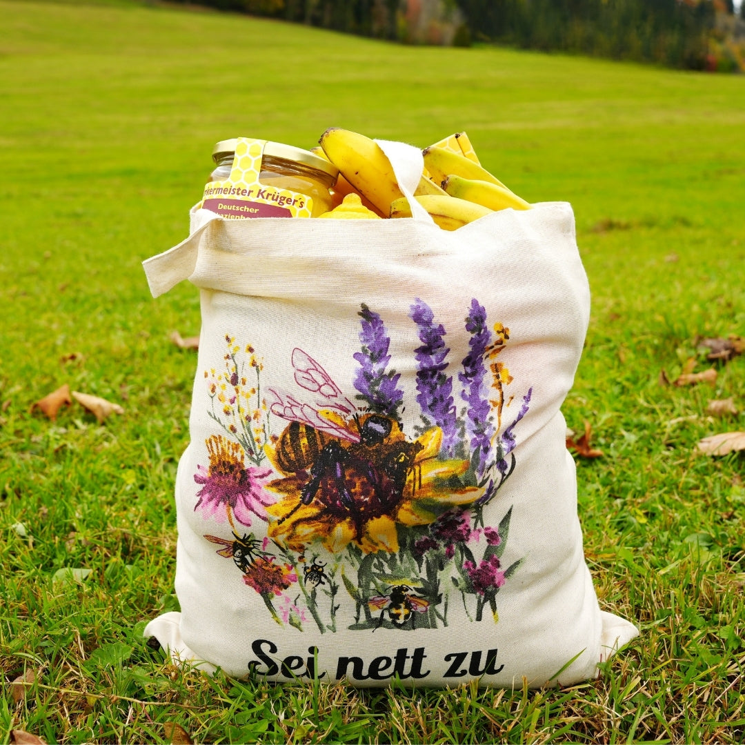 Baumwolltasche „Sei nett zu Bienen“ von der Allgäuer Wanderimkerei