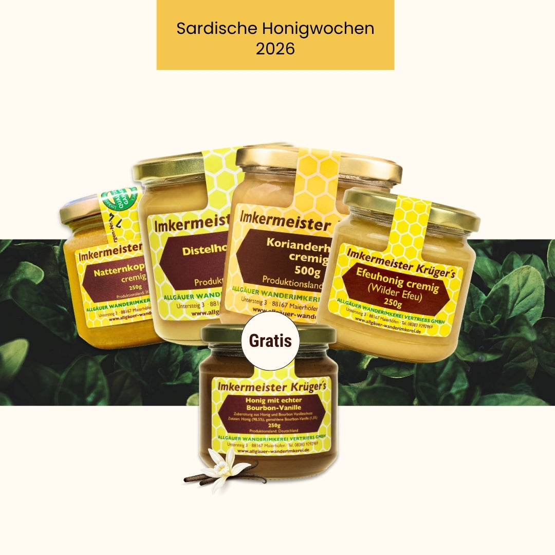 Cremiges Sardinien-Bundle mit 4 ausgewählten italienischen Honigen und Gratis-Honig. nur für kurze Zeit, Allgäuer Wanderimkerei