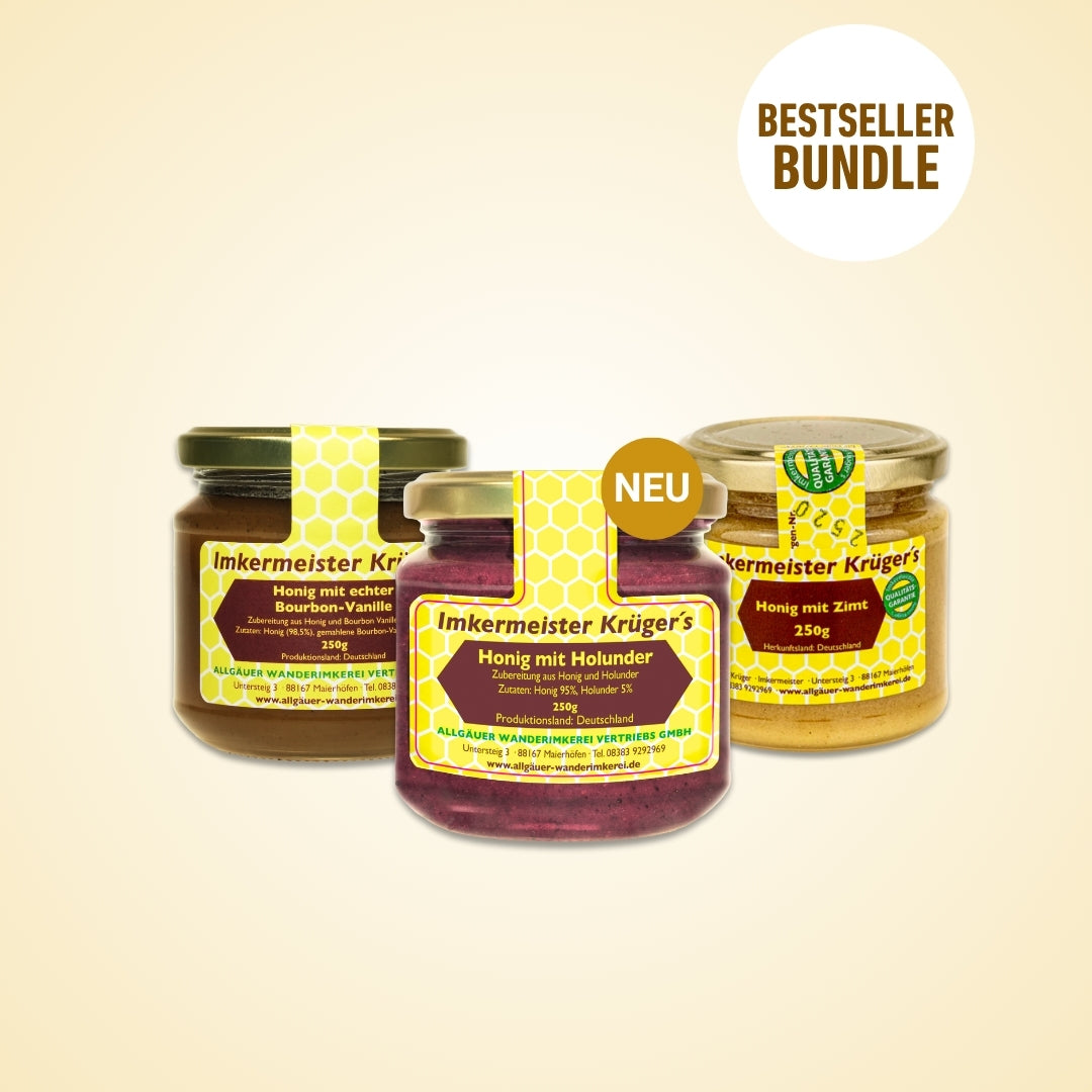 Das süße 3er Honig-Set mit Honig mit Holunder (250g), Honig mit echter Bourbon-Vanille (250g) und Honig mit Zimt (250g)