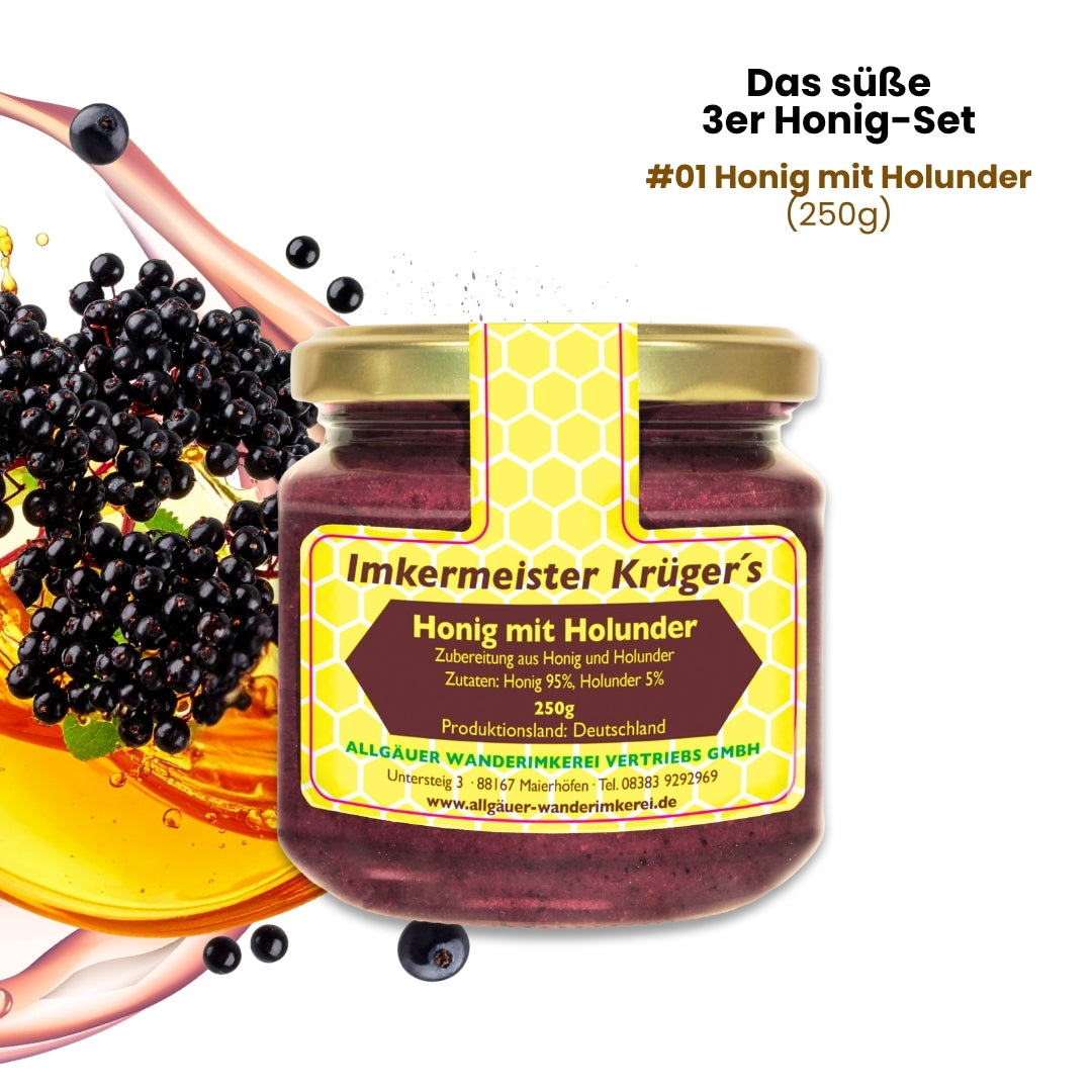 Das süße 3er Honig-Set mit Honig mit Holunder (250g), Honig mit echter Bourbon-Vanille (250g) und Honig mit Zimt (250g)
