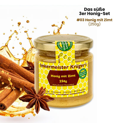 Das süße 3er Honig-Set mit Honig mit Holunder (250g), Honig mit echter Bourbon-Vanille (250g) und Honig mit Zimt (250g)