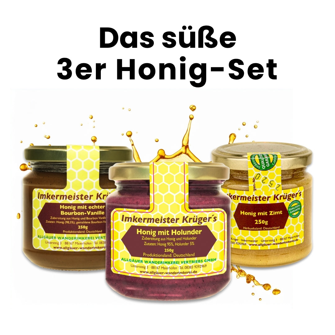 Das süße 3er Honig-Set mit Honig mit Holunder (250g), Honig mit echter Bourbon-Vanille (250g) und Honig mit Zimt (250g)
