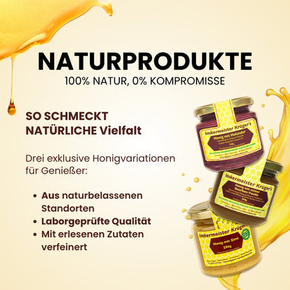 Das süße 3er Honig-Set mit Honig mit Holunder (250g), Honig mit echter Bourbon-Vanille (250g) und Honig mit Zimt (250g)