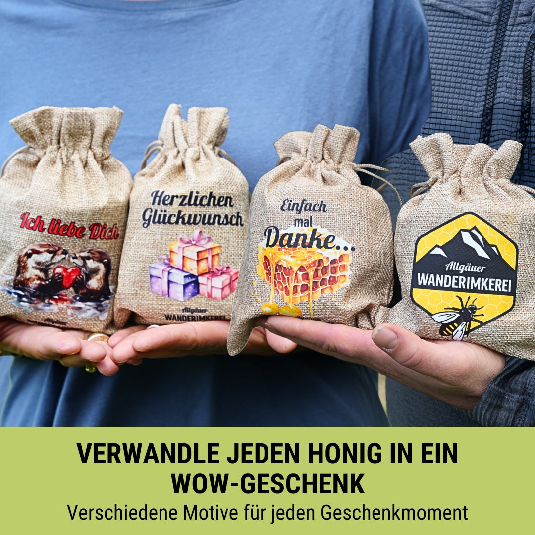 Honig verschenken mit den Geschenksäckchen von der Allgäuer Wanderimkerei