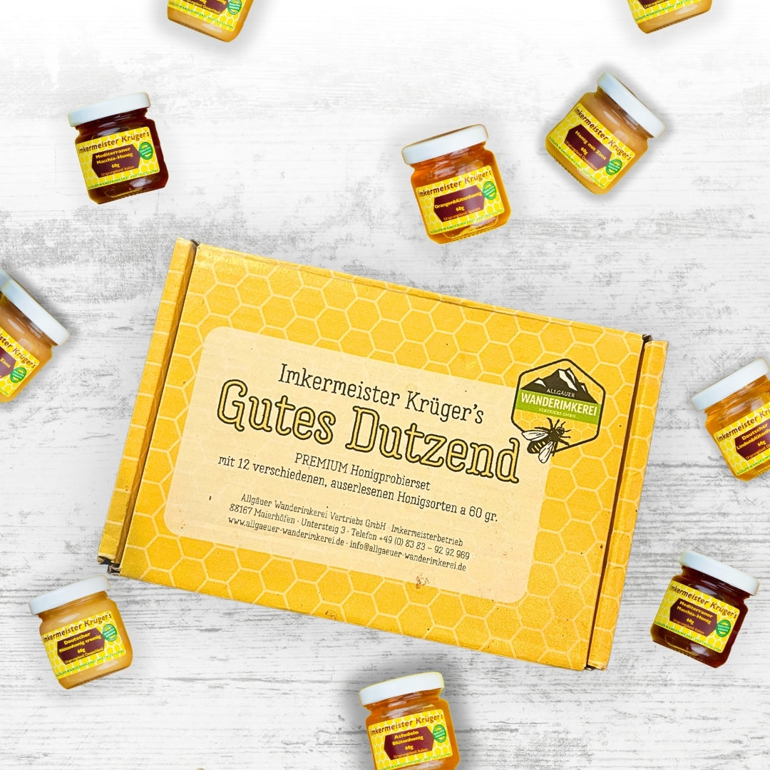 Imkermeister Krüger's Gutes Dutzend, Premium Probierset mit 12 verschiedenen Honigsorten à 60g, Allgäuer Wanderimkerei