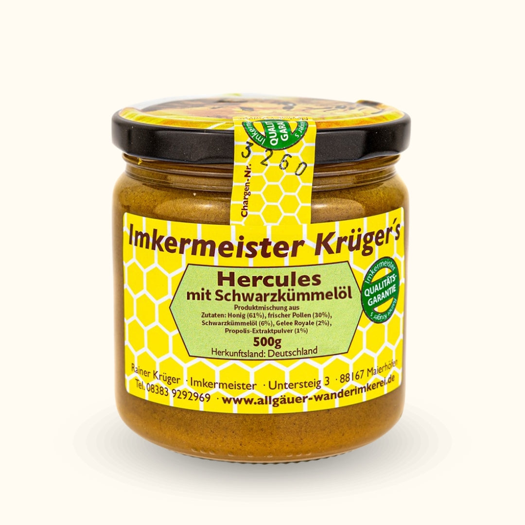 Bienenproduktmischung HERCULES mit Schwarzkümmelöl von der Allgäuer Wanderimkerei