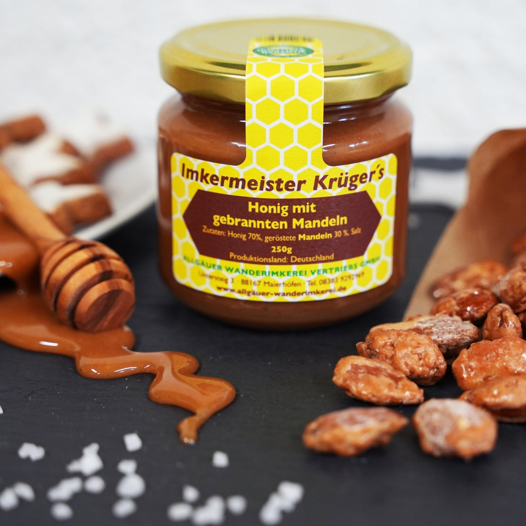Honig mit gebrannten Mandeln 250g von der Allgäuer Wanderimkerei