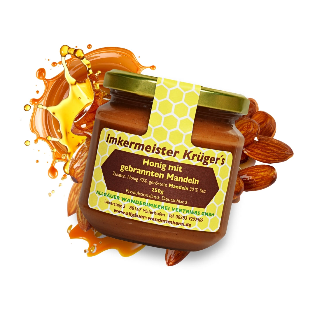 Honig mit gebrannten Mandeln 250g von der Allgäuer Wanderimkerei