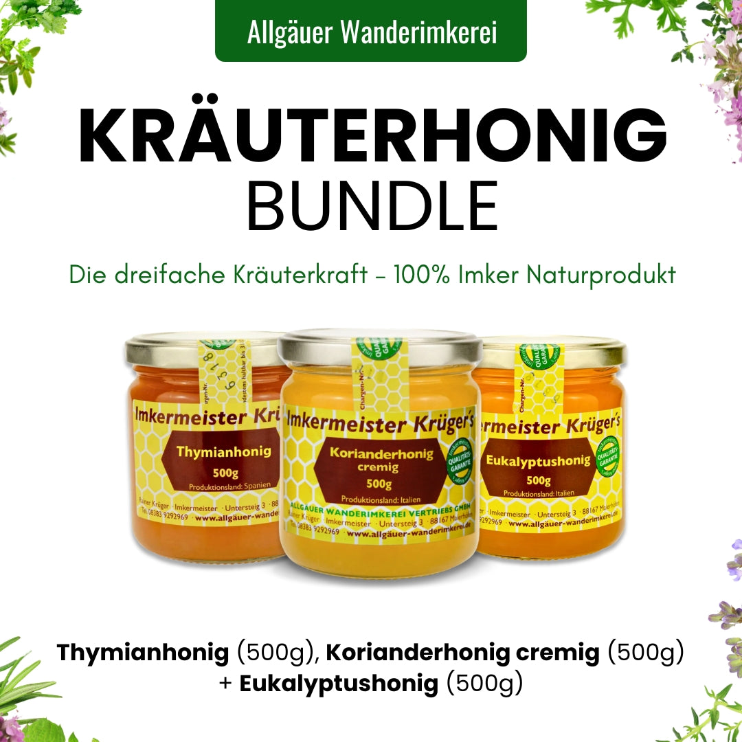 Kräuterhonig-Bundle besteht aus Thymianhonig, Korianderhonig cremig und Eukalyptushonig von der Allgäuer Wanderimkerei