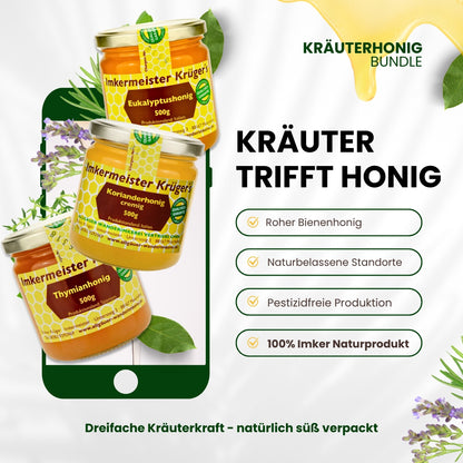 Kräuterhonig-Bundle besteht aus Thymianhonig, Korianderhonig cremig und Eukalyptushonig von der Allgäuer Wanderimkerei, 100% Imker Naturprodukt