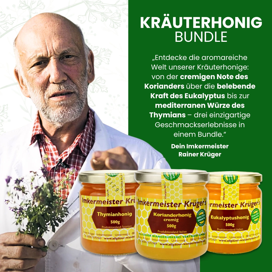 Kräuterhonig-Bundle besteht aus Korianderhonig cremig, Thymianhonig und Eukalyptushonig von der Allgäuer Wanderimkerei, Rainer Krüger
