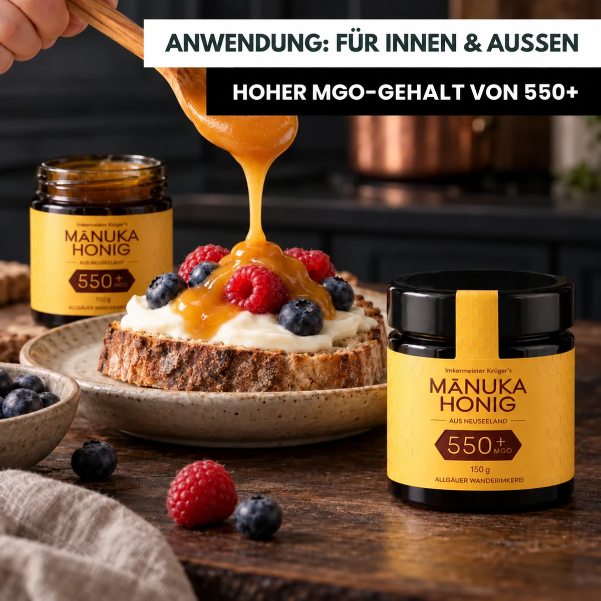 Imkermeister Krüger's Manuka-Honig 150g MGO 550+ aus Neuseeland von der Allgäuer Wanderimkerei – Anwendung