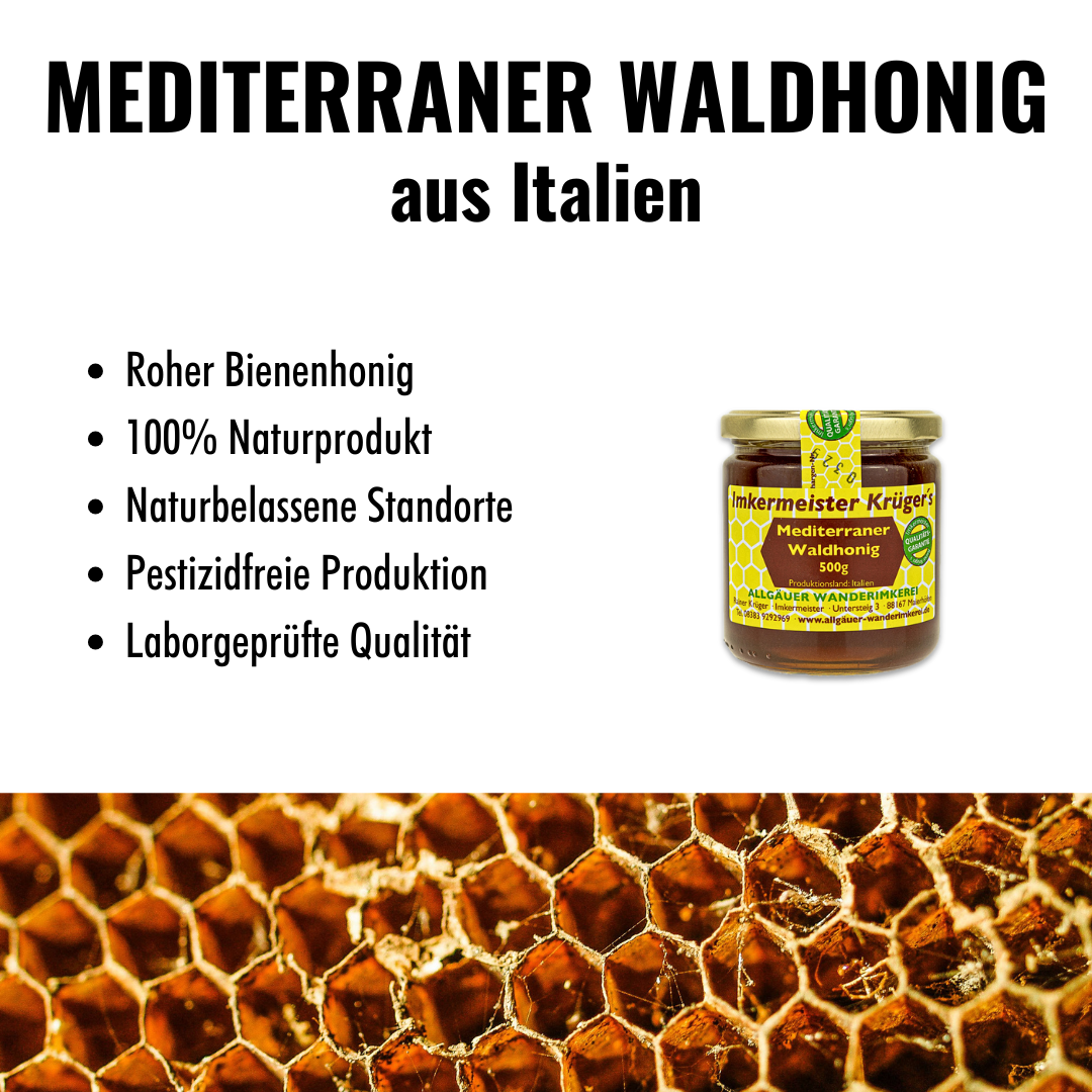 Mediterraner Waldhonig 500g aus Italien von der Allgäuer Wanderimkerei, roher Bienenhonig