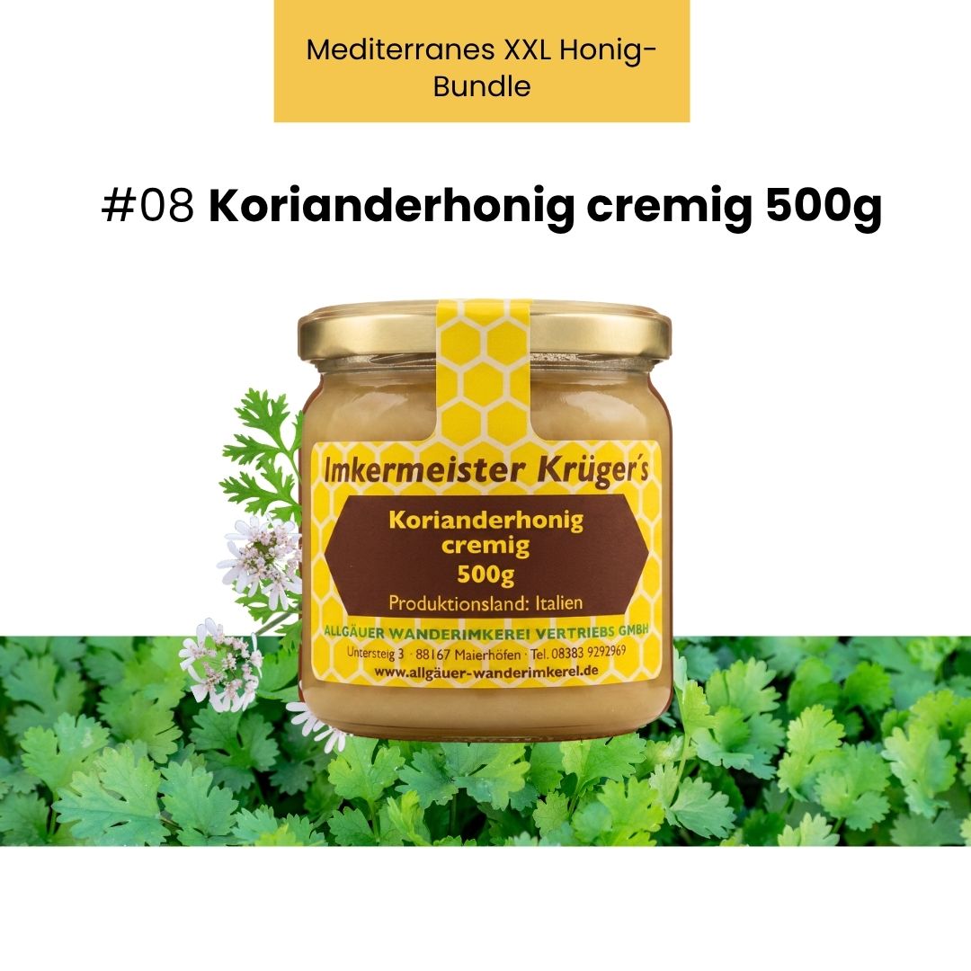 Mediterranes XXL Honig-Bundle mit 8 ausgewählten italienischen Honigen und GRATIS HERCULES Sport 250g von der Allgäuer Wanderimkerei, Korianderhonig cremig 500g