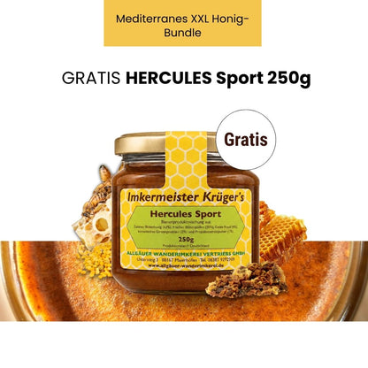 Mediterranes XXL Honig-Bundle mit 8 ausgewählten italienischen Honigen und GRATIS HERCULES Sport 250g von der Allgäuer Wanderimkerei