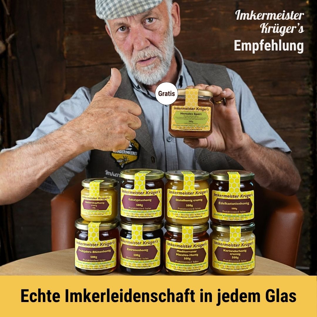 Mediterranes XXL Honig-Bundle mit 8 ausgewählten italienischen Honigen und GRATIS HERCULES Sport 250g von der Allgäuer Wanderimkerei, Imkermeister Rainer Krüger