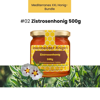 Mediterranes XXL Honig-Bundle mit 8 ausgewählten italienischen Honigen und GRATIS HERCULES Sport 250g von der Allgäuer Wanderimkerei, Zistrosenhonig 500g