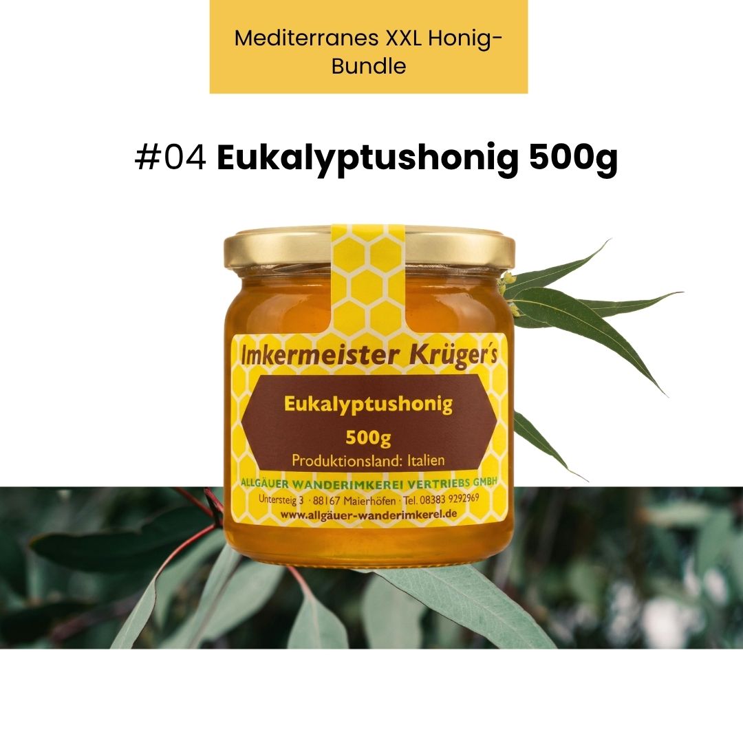 Mediterranes XXL Honig-Bundle mit 8 ausgewählten italienischen Honigen und GRATIS HERCULES Sport 250g von der Allgäuer Wanderimkerei, Eukalyptushonig 500g