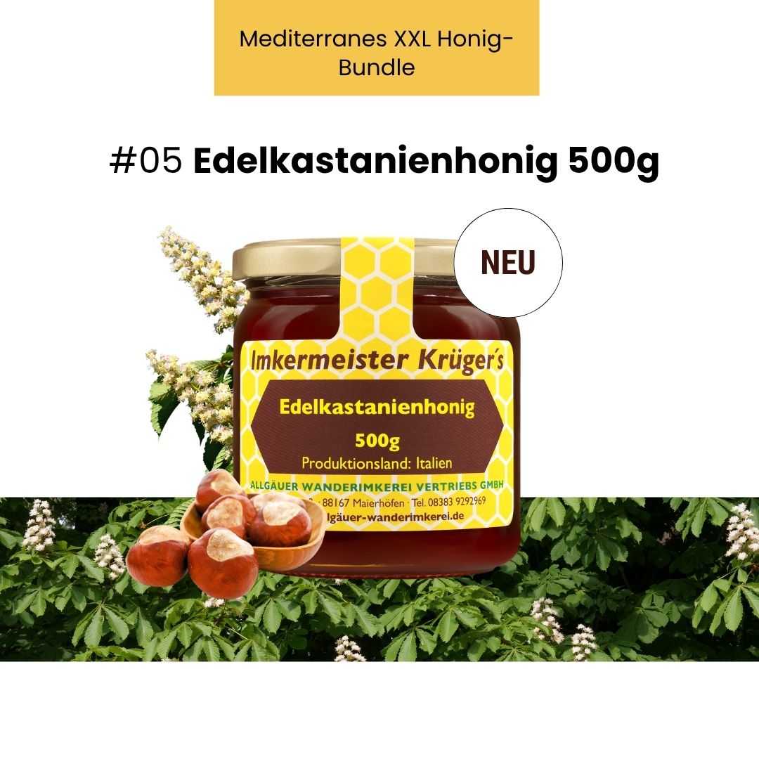 Mediterranes XXL Honig-Bundle mit 8 ausgewählten italienischen Honigen und GRATIS HERCULES Sport 250g von der Allgäuer Wanderimkerei, Edelkastanienhonig 500g